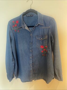 Zara Denim Button-Down Shirt with Red Rose Embroidery